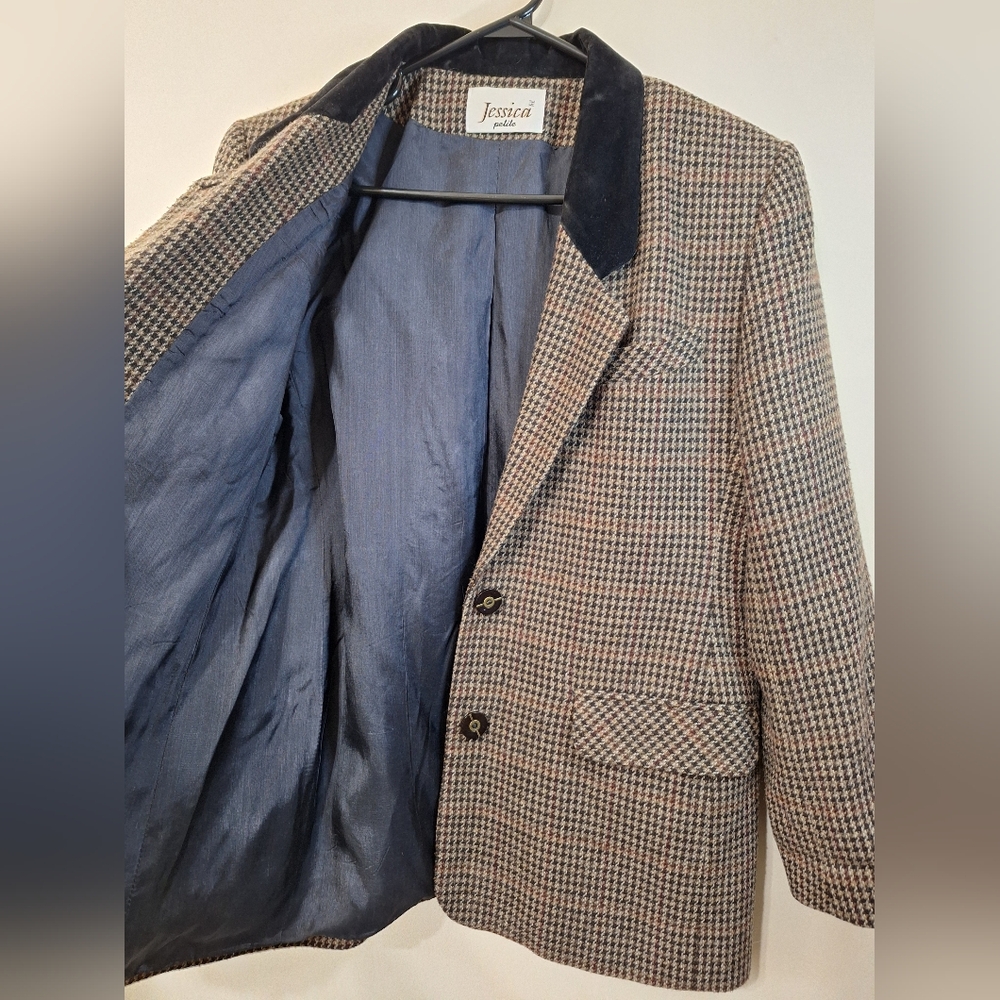 Vintage 90s Jessica Petite Tweed Houndstooth Velvet Collar Wool Blend Blazer 8 - Picture 5 of 12